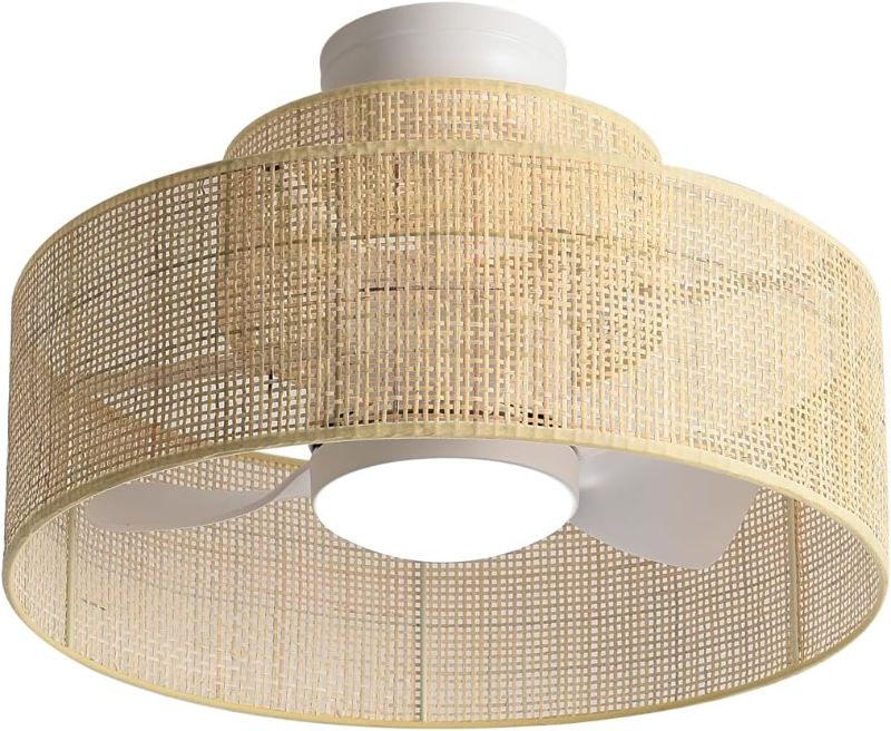 Photo 1 of **similar but not exact Photo** 18W LED 21 Inches DC Dimmable Bamboo Rattan Fandelier with Remote Control .Boho Caged 3 Blade Ceiling Fan with Light.Bohemian Woven Wicker Wooden Drum Fixture for Indoor Bedroom Kitchen
