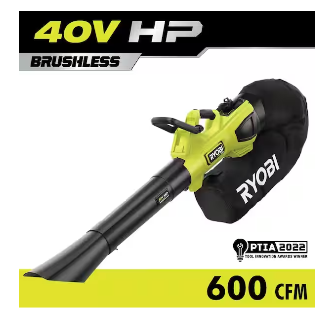 Photo 1 of RYOBI
40V HP Brushless 100 MPH 600 CFM Cordless Leaf Blower/Mulcher/Vacuum (Tool Only)