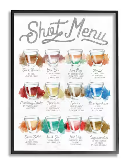 Photo 1 of "Cocktail Shot Menu Kitchen Drink Recipes" by Daphne Polselli Framed Drink Wall Art Print 16 in. x 20 in.