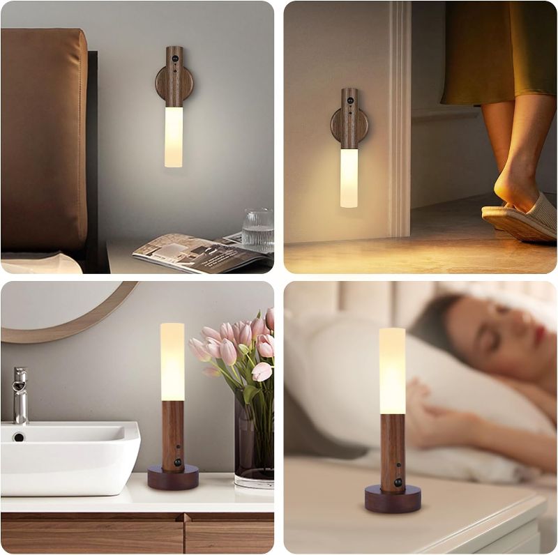 Photo 1 of  Motion Sensor Night Light Wooden Wall Sconce Magnetic Wall Night Light Rechargeable Smart Motion Battery Stick Night Lights Indoor 3 Lighting Modes Dimmable Brightness Night Light (Brown) 4 pack