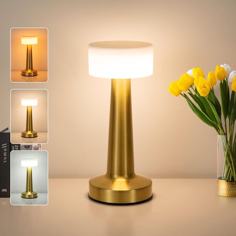 Photo 1 of  Gold Cordless Table Lamp with Touch Control,2000mAH Rechargeable Battery Operated Desk Lamp,3 Color Dimmable Small Portable Bedside Lamps for...