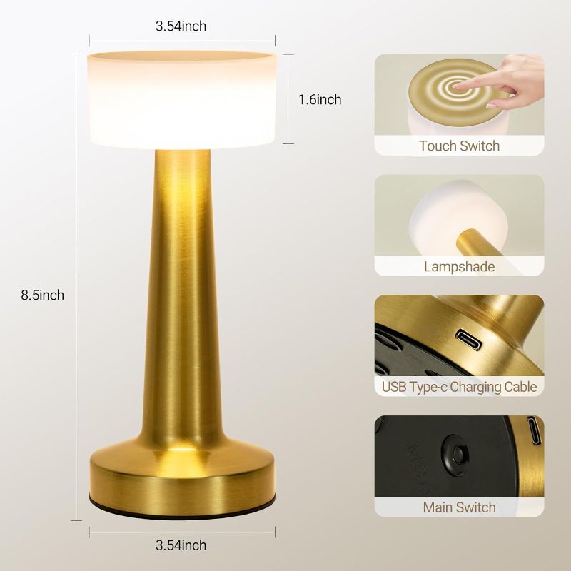 Photo 1 of  Gold Cordless Table Lamp with Touch Control,2000mAH Rechargeable Battery Operated Desk Lamp,3 Color Dimmable Small Portable Bedside Lamps for...