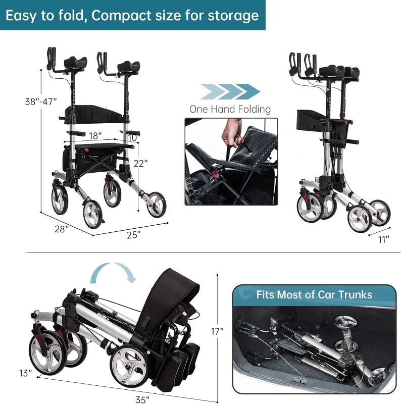 Photo 1 of 
Roll over image to zoom in
ELENKER Upright Walker, Stand Up Folding Rollator Walker with 10” Front Wheels Backrest Seat and Padded Armrests for Seniors and Adults, Silver