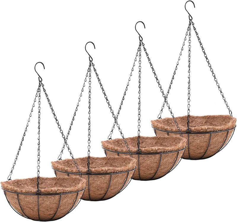 Photo 1 of 12 inch Metal Hanging Baskets For Plants Outdoor 4 Pack Round Metal Wire Hanging Basket Planter with Coco Fiber Liners Chain Round Wire Plant Holder for Garden, Patio, Deck, Porch Plants Flower Potss 12 Inch Flower Border