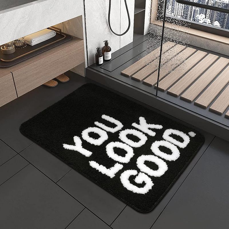 Photo 1 of  2 pack Lukinbox You Look Good Bathroom Rugs, Luxury Soft Absorbent Bath Mats for Bathroom, Small Black Washable Bath Rugs Door Mat for Shower Tub, 20"x31