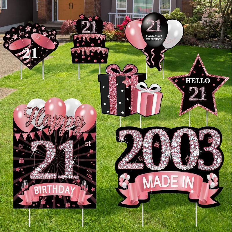 Photo 1 of 7Pcs Rose Gold 21st Birthday Yard Sign Decorations for Women Girl, Happy 21st Birthday Made in 2003 Lawn Sign Party Supplies, 21 Year Old Birthday Yard Decor with Stakes