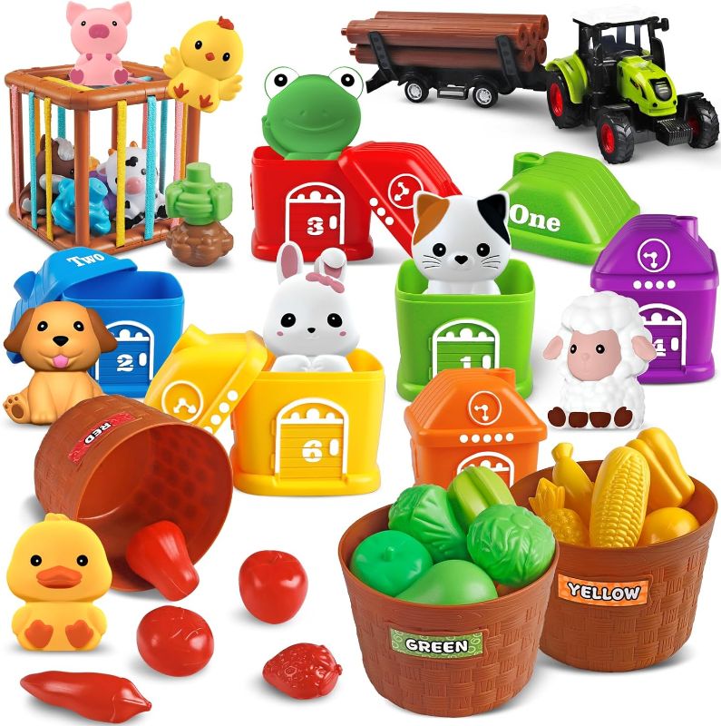 Photo 1 of Learning Toys for 1 2 3 Year Old Toddlers Farm Animals Montessori Toys for 6-18 Months Kids Finger Puppets Counting, Matching, Sorting Play Food Tractor Truck Gift for Boy Girl
