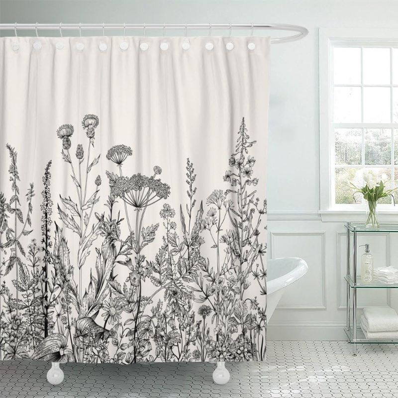 Photo 1 of Emvency Shower Curtain Floral Border Herbs and Wild Flowers Botanical Vintage Engraving Light Grey Background Black Waterproof Polyester Fabric 72 x 72 Inches Set with Hooks