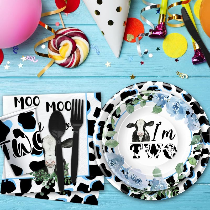 Photo 1 of Moo Moo Im Two Cow 2nd Birthday Decorations Party Tableware Boy - Cow Two-Year-Old Birthday Party Supplies, Plate, Cup, Napkin, Disposable Fork, Holy Cow 2nd Birthday Decorations | Serve 24
Brand: Xigejob