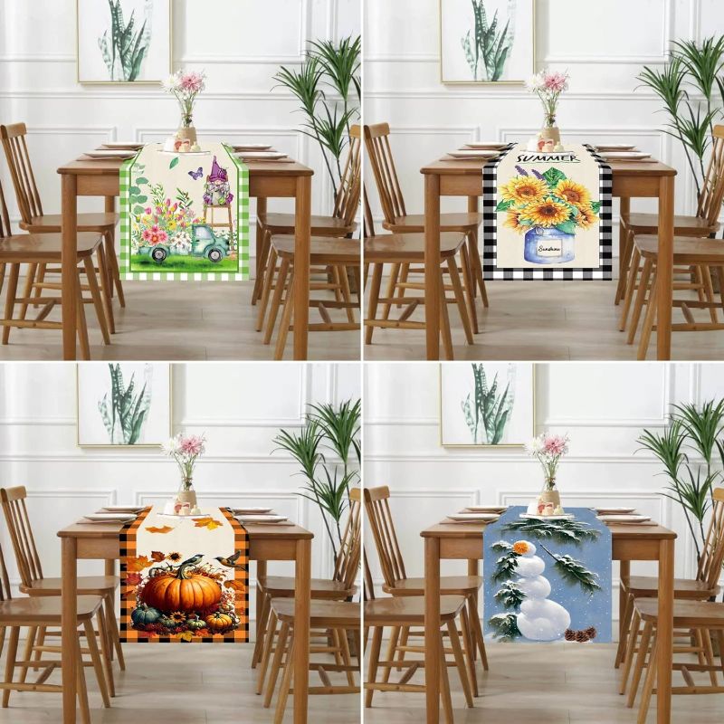 Photo 1 of Seasonal Table Runners, Hello Spring Summer Fall Winter Table Runners,Seasonal Holiday Kitchen Dining Table Decoration for Indoor Outdoor Home Party Decor 13 x 72 Inch