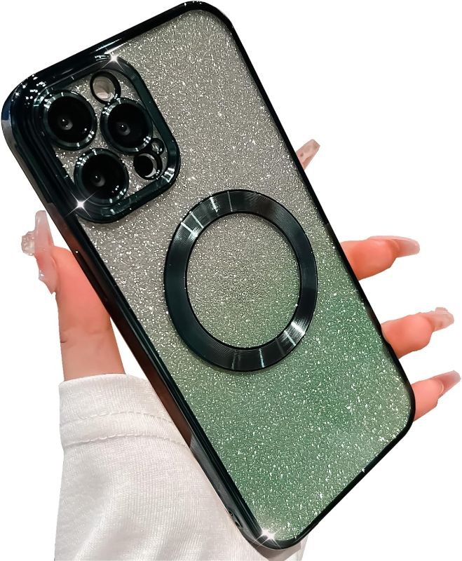 Photo 1 of for iPhone 12 Pro Max Case Glitter Magnetic Compatible with MagSafe Full Camera Lens Protection Luxury Plating Cute Bling Clear Shockproof Slim Phone Case for Women Girls green