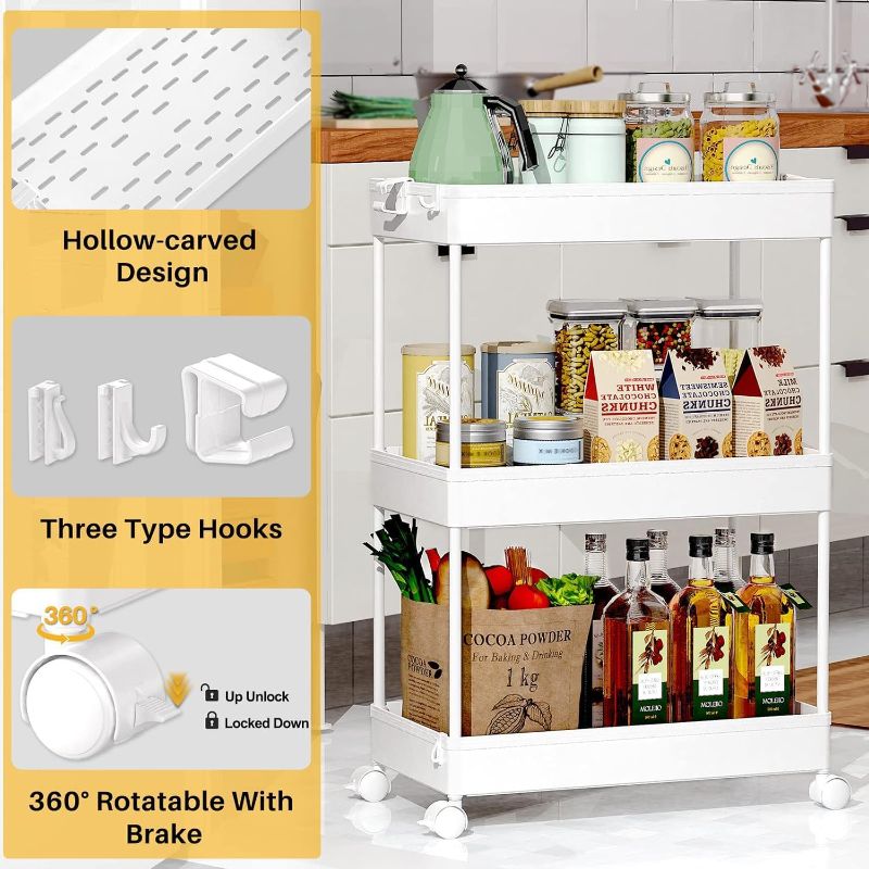 Photo 1 of Rolling Storage Cart 3 Tier, Bathroom Cart Organizer Laundry Room Organizer Utility Cart Mobile Shelving Unit Multi-Functional Shelves for Office, Kitchen, Bathroom, White