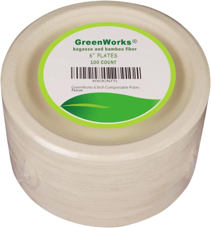 Photo 1 of 
GreenWorks 100 Count 6“ Small Compostable Dessert Plates, Heavy-duty Unbleached Biodegradable Bagasse and Bamboo fiber Paper Plates
Size:6 Inch