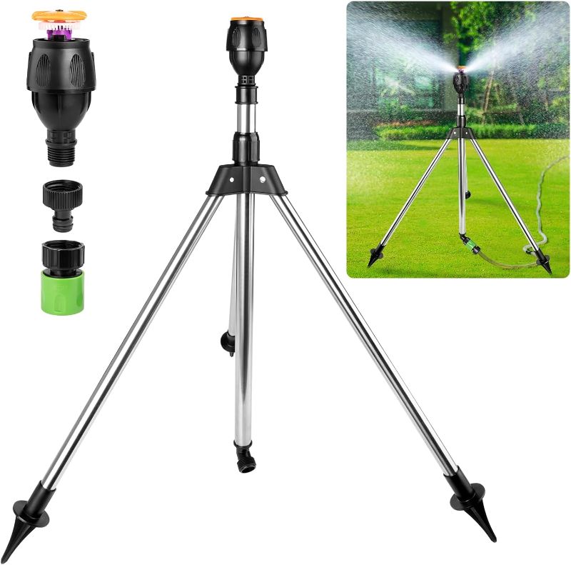 Photo 1 of Rotating Tripod Sprinkler, Sprinklers for Lawn Garden Yard, 360 Degree Large Area Automatic Double-Sided Coverage, Telescoping Water Sprinkler with Metal Tripod Base
