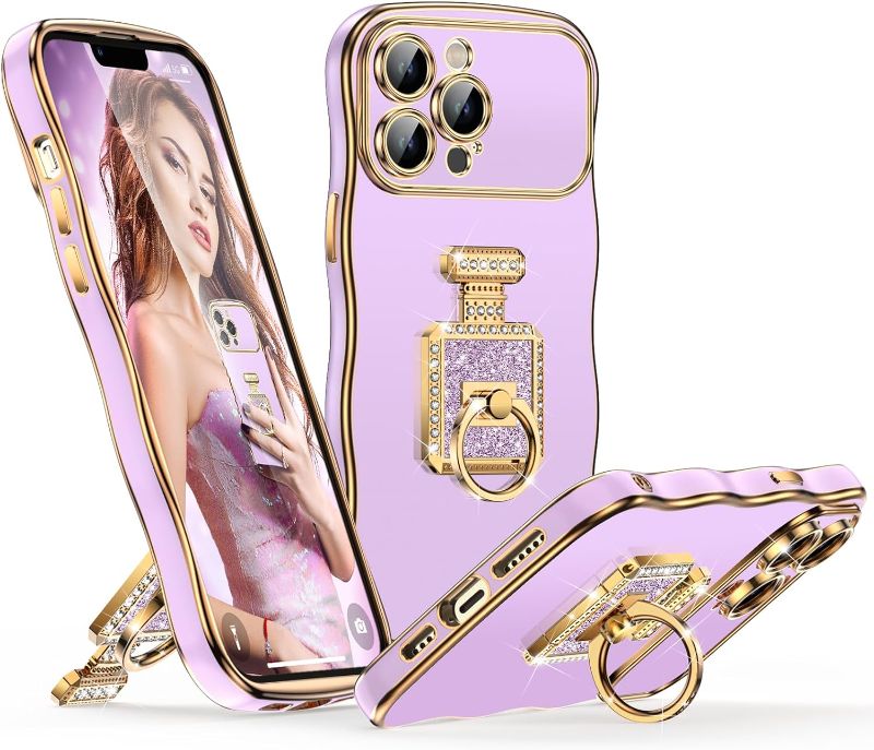 Photo 1 of Silverback for iPhone 13 Pro Max Case with Stand, Rotatable Ring & Mirror Kickstand, Women Girls Bling Luxury Wave Frame Phone Case for iPhone 13 Pro Max, Purple  2PACK 
