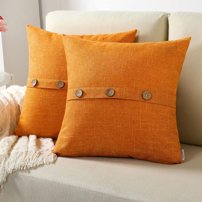 Photo 1 of Orange Linen Decorative Throw Pillow Covers 18x18 Inch Set of 2, Square Cushion Case with Vintage Button/Zipper,Modern Farmhouse Home Decor for Couch,Bed
