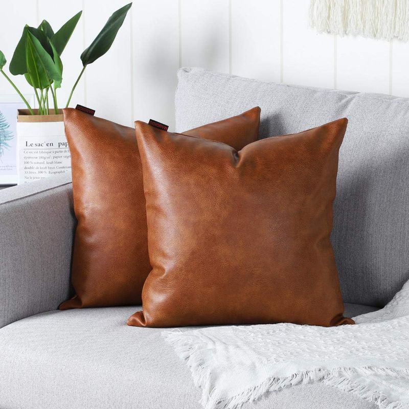 Photo 1 of MANDIOO Set of 2 Faux Leather Decorative Throw Pillow Covers Modern Solid Outdoor Cushion Cases Luxury Pillowcases for Couch Sofa Bed 16x16 Inches Brown
