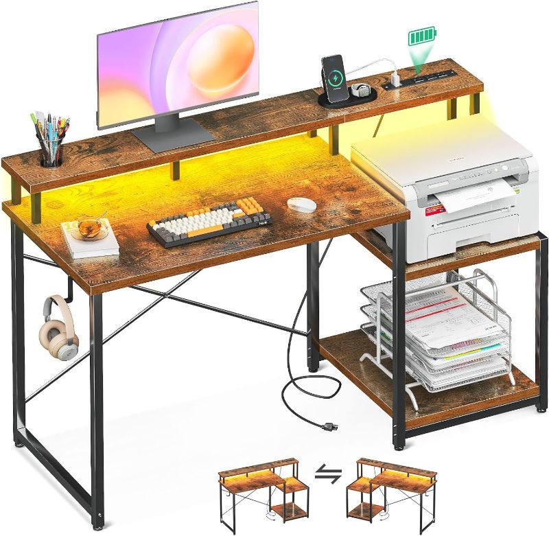 Photo 2 of  Computer Desk, 48 Inch Gaming Desk with Led Lights & Power Outlet, Office Desk with Printer Storage Shelves, Reversible Desk with Monitor Shelf & Headphone Hook, Rustic Brown