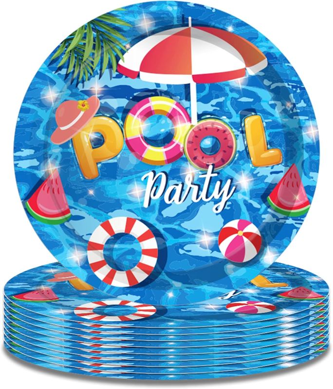 Photo 1 of 24Pcs 7" Pool Swimming Paper Plates Hawaiian Pool Swimming laps Theme Pool Swimming laps Disposable Dinnerware Party Supplies for Kid's Birthday Party Decorations and Baby Shower