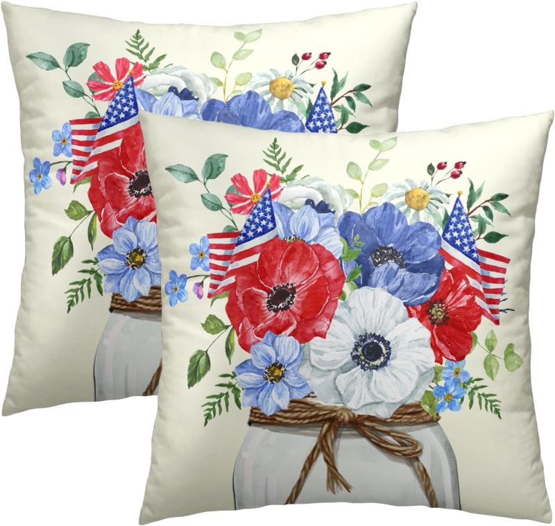 Photo 1 of 
Mweet 4th of July Pillow Covers 18X18 in Set of 2 American Flag Flowers Floral Patriotic Decorative Cotton Line Pillowcases for Sofa Couch Independence Day...