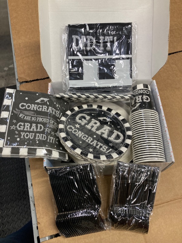 Photo 2 of Graduation Party Supplies 2024 Tableware - Graduation Decorations Dinnerware Set Includes Banner, Plates, Napkins, Cups, Tablecloth, Cutlery, Straws, Congrats Grad Party Supplies | Serves 24