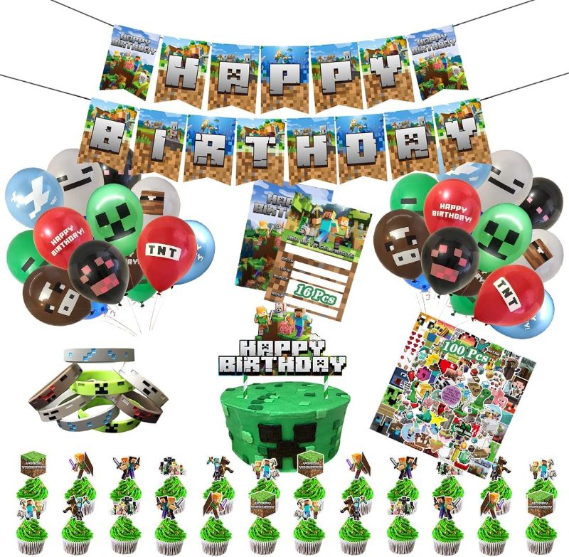 Photo 1 of  Pixel Game Birthday Party Supplies, Birthday Party Supplies Include Happy Birthday Banners, Bracelets, Balloons, Invitation Cards, Cake Top Hat, Stickers