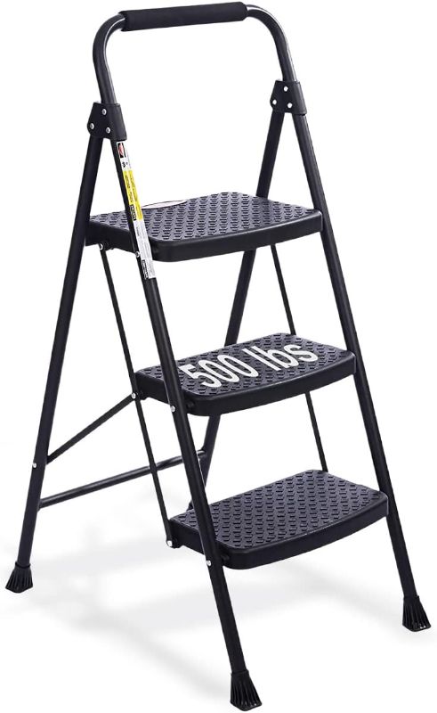 Photo 1 of 3 Step Ladder, Folding Step Stool with Wide Anti-Slip Pedal, Lightweight 500lbs Step Ladder 3 Step Folding, 3 Step Ladder Folding Step Stool for Adults, Portable Kitchen Step Stool Black