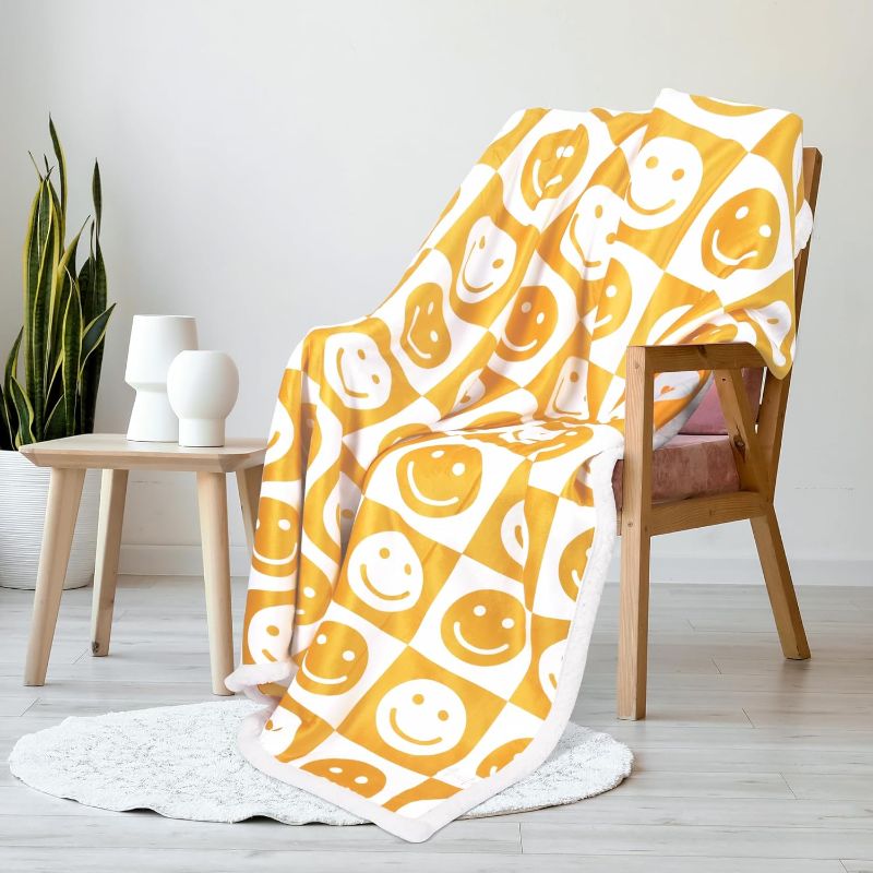 Photo 1 of 
Yellow Smiley Face Blanket -Sherpa Fluffy Blanket for Preppy Room Decor - checkered blanket for checkered decor - Cute Blanket for - Cozy Blanket for bedroom, Living Room, Couch Blanket - 51"x63"