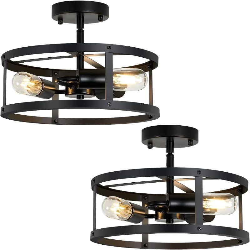 Photo 1 of 3-Light Semi Flush Mount Ceiling Light,Farmhouse Flush Mount Light Fixture,Industrial Ceiling Light Black Metal Cage Ceiling Lighting for Kitchen Foyer Hallway Entryway 2 Pack
