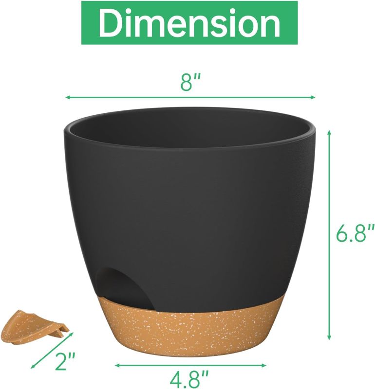 Photo 1 of 2 ZMTECH 8 Inch Plant Pots Set of 2 Planters for Indoor Plants Self Watering Pots Flower Pots with Drainage Holes and Saucer for Outdoor Plants(Black with Brown)