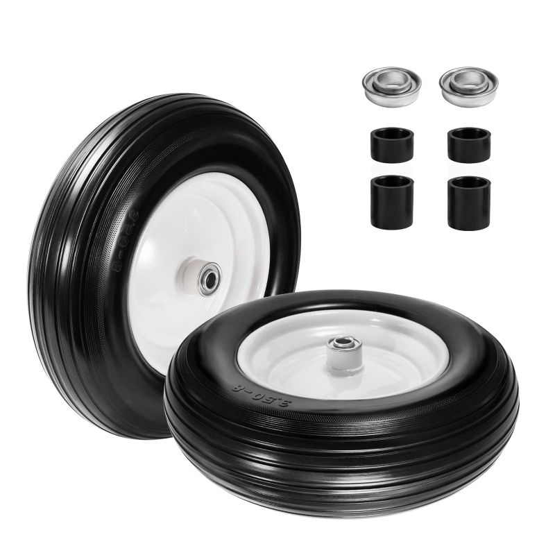 Photo 1 of 2 Pack 14.5" Flat-Free Wheelbarrow Wheels and Tires, 4.80/4.00-8 Solid Wheelbarrow Tires with 3/4" & 5/8" Bearing, 3" Hub for Garden Cart Wheelbarrow Trolley Wagon Lawn Mower 2pcs