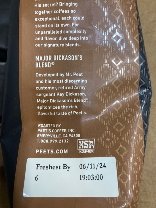 Photo 1 of ***EXP 06/11/2024*** Peet's Coffee, Dark Roast Ground Coffee - Major Dickason's Blend 63 Ounces 10.5 Ounce (Pack of 6) Major Dickason's 10.5 Ounce (Pack of 6)