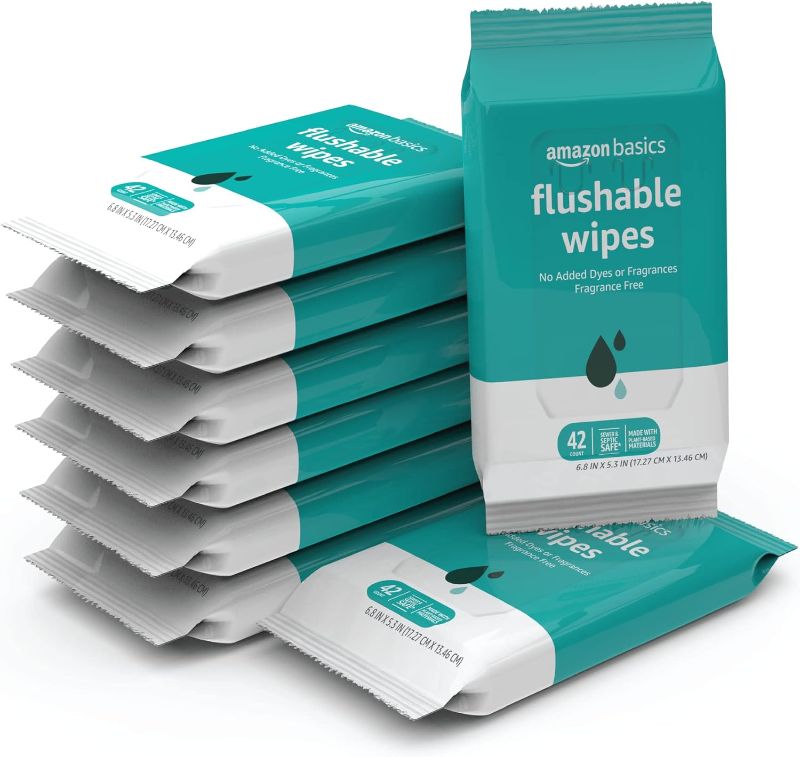 Photo 1 of ***EXP 06/09/2026*** Amazon Basics Flushable Adult Toilet Wipes, Fragrance Free, 336 Count (8 Packs of 42) (Previously Solimo)