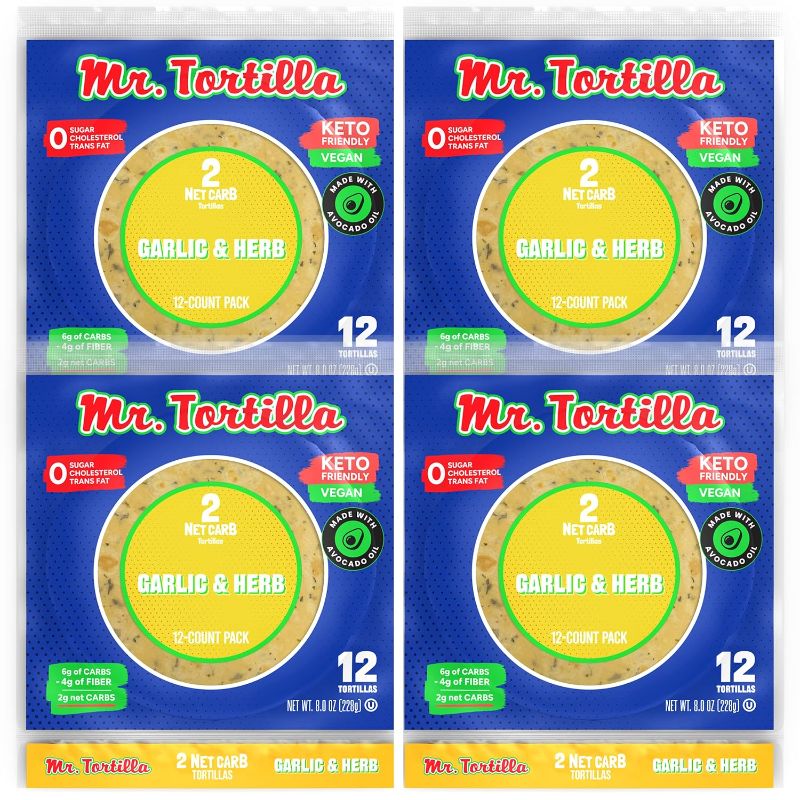 Photo 1 of ***EXP 07/27/2024*** Mr. Tortilla-Low Carb Tortillas 2 Net Carb Keto Soft Taco Shells for Wraps, Quesadillas&Tostadas-Healthy Vegan Tortilla Wraps No Cholesterol-Low on Calories&Fat (Garlic&Herb),12 Count (Pack of 4