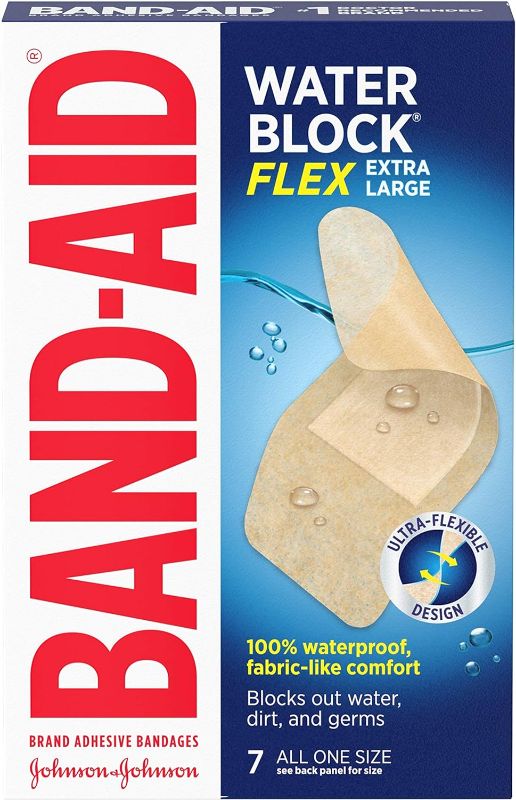 Photo 1 of (1 BOX) Band-Aid Brand Water Block Flex 100% Waterproof Adhesive Bandages for First-Aid Wound Care of Minor Cuts, Scrapes & Wounds, Ultra-Flexible Design, Sterile, Extra Large, 7 ct &  (3 BOXES) Band-Aid Brand Hydro Seal Large Waterproof Adhesive Bandages