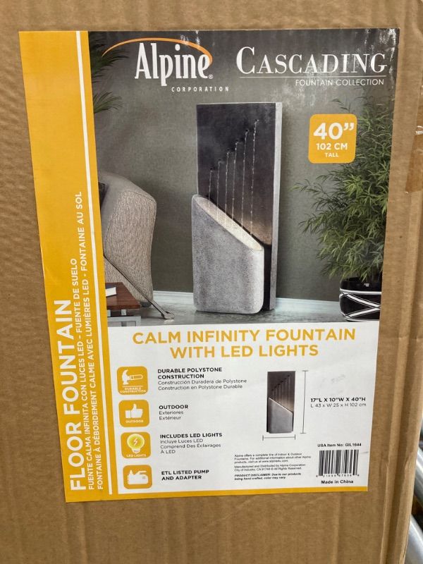 Photo 2 of ****FACTORY SEELED*** Alpine Corporation GIL1644 Outdoor Floor Calming Cosmopolitan Infinity Waterfall Fountain with LED Lights, 40", Gray