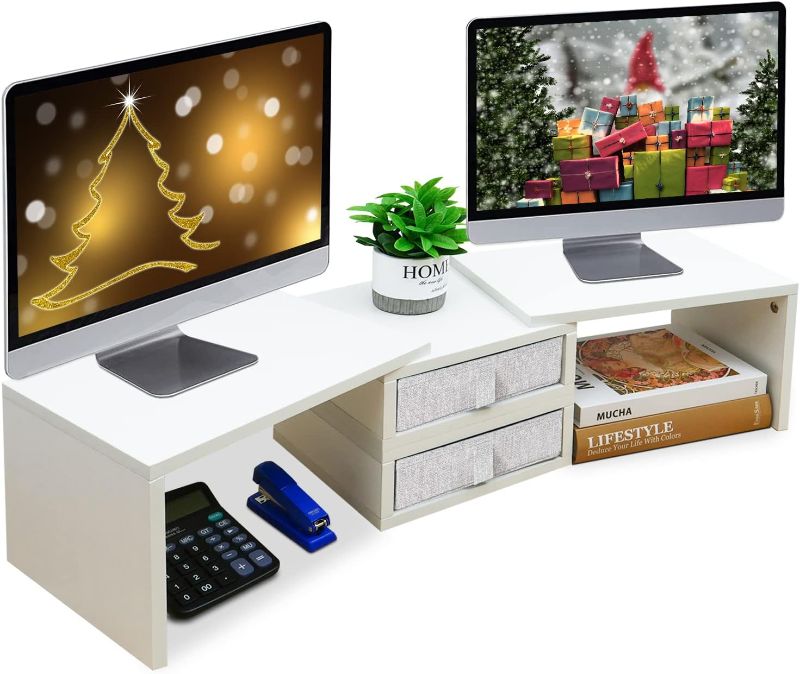 Photo 1 of ***FACTORY SEELED*** TEAMIX Dual Monitor Stand Riser with 2 Drawers - Length and Angle Adjustable White Monitor Stand with Storage Large Computer Riser for 2 Monitors/Laptop/PC, Wood Screen/TV Stand Desk Organizer