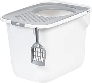 Photo 1 of 
IRIS USA Rectangular Top Entry Cat Litter Box with Scoop, Large Cat Litter Box Enclosure, Kitty Litter Box, White/Gray
