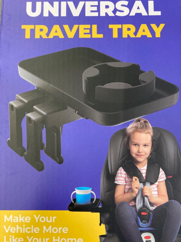 Photo 2 of Kids Travel Tray – Car Seat and Car Cup Holder Tray - Tray for Snacks, Entertainment, Toys – Includes Cup Holder – Fits Most Car Seats Standard Base - Single Pack Black