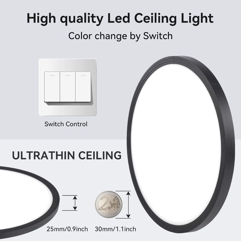 Photo 1 of 28W LED Flush Mount Ceiling Light, Shell 3 Color Changeable (3000K/4000K/6000K),120V Slim Surface Mount Ceiling Light Lighting Fixture for Kitchen Bedroom Living Room (Black-2 Pack)