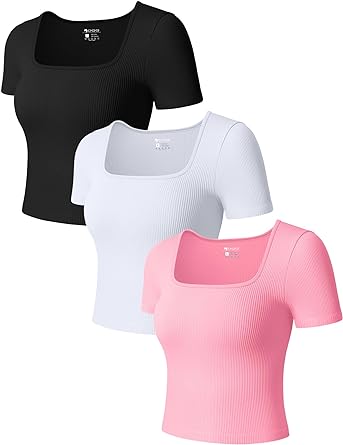 Photo 1 of OQQ 3 Piece Crop Tops for Women Short Sleeve Square Neck Stretch Fitted Yoga Tee Shirts