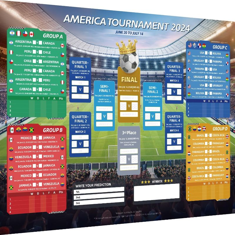 Photo 1 of AhfuLife Soccer Match Wall Chart Poster for COPA America 2024, A1 Size Schedule Poster with Local Time Team Info for Americas 2024 Soccer Bar Club Party Decorations (23.3''×33.1'')