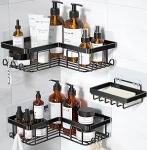 Photo 1 of ***SEE NOTES*** YASONIC Corner Adhesive Shower Caddy, with Soap Holder and 12 Hooks, Rustproof Stainless Steel Bathroom Organizer, No Drilling Wall Mounted Rack, Black, 3-Pack
