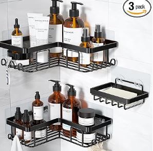 Photo 1 of ***SEE NOTES***  YASONIC Corner Adhesive Shower Caddy, with Soap Holder and 12 Hooks, Rustproof Stainless Steel Bathroom Organizer, No Drilling Wall Mounted Rack, Black, 3-Pack
