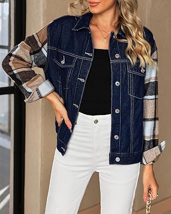 Photo 1 of  Jean Jackets for Women Fashion Flannel Plaid Shacket Jacket Oversized Button Down Trucker Denim Shirt Jackets
