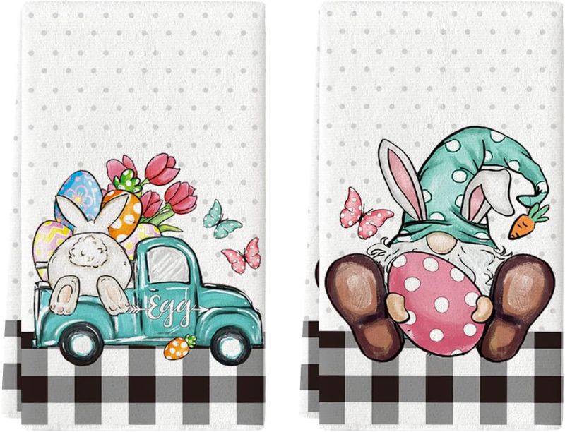 Photo 1 of Artoid Mode Buffalo Plaid Gnome Egg Truck Bunny Rabbit Easter Kitchen Towels Dish Towels, 18x26 Inch Seasonal Spring Decoration Hand Towels Set of 2
