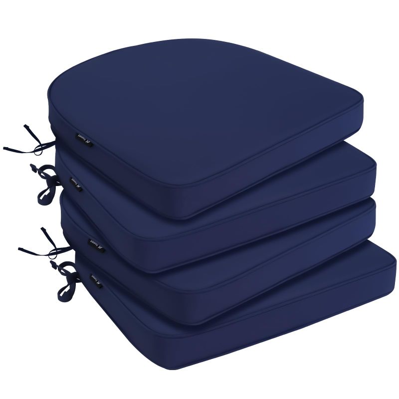 Photo 1 of Favoyard Outdoor Chair Cushions 17"x16"x2" set of 4 Waterproof Seat Cushion for Patio Furniture with 3-Year Fade Resistant Removable Cover Attach Straps Hidden Zipper Round Corner for Yard Garden Navy Blue 16 x 17 Inch