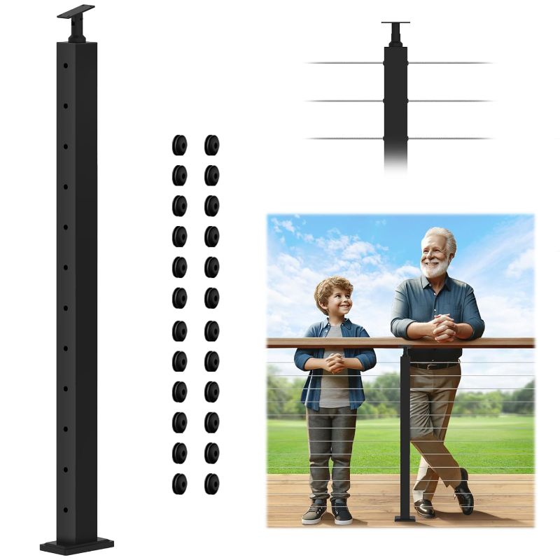 Photo 1 of 42" Cable Railing Post (Post 41"x2"x2"), Level Drilled Railing Post with Cable Grommets, Adjustable Top Level Line Post 180 Degree Cable Handrail Post, Black Finish Stainless Steel Deck Post