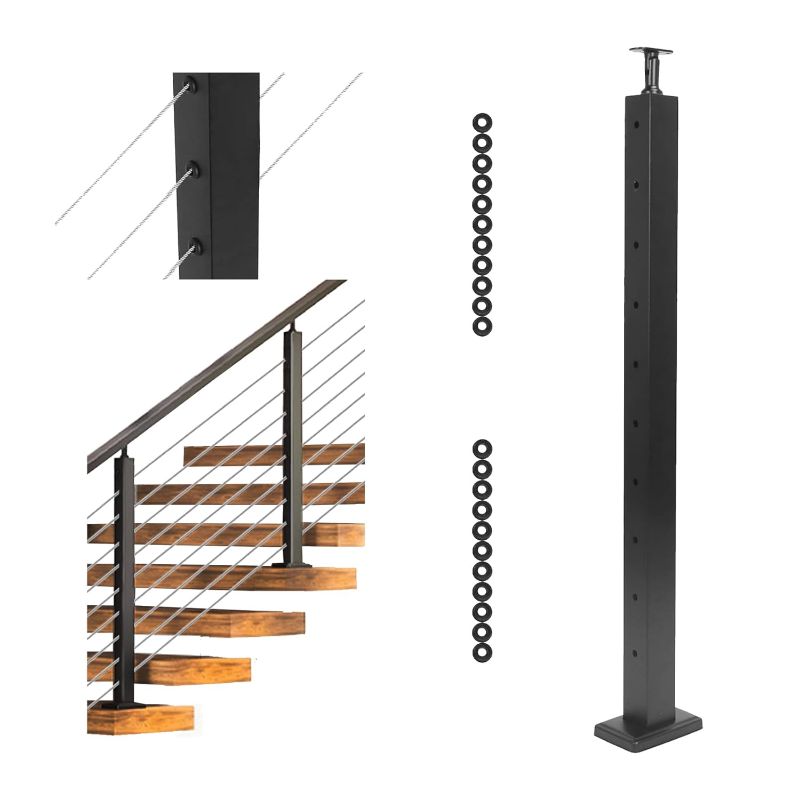 Photo 1 of 36"Stair Post 30°-Drilled Side Cable Railing Stainless Steel Adjustable Line Angle Post Black Stair Railing System kit,P03(Fine Frosted Coated)