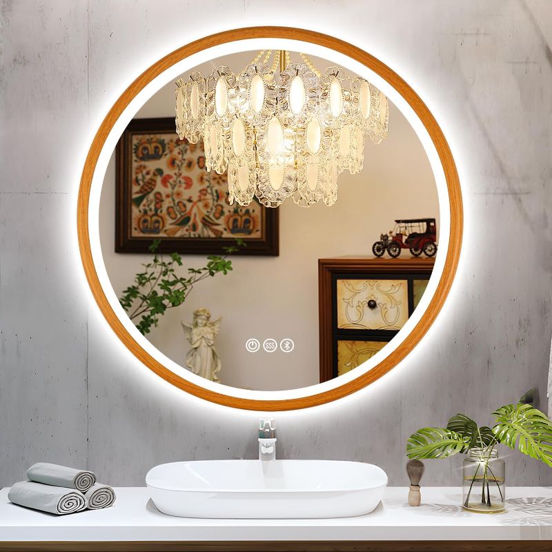 Photo 1 of 32 Inch Circle LED Bathroom Bluetooth Mirror for Wall Woodgrain Aluminum Framed (Front and Backlit), Anti-Fog Smart Mirror with 3 Color Lights, Stepless Dimmable Lighted Mirror